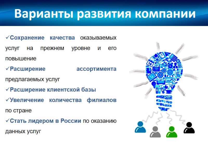 Варианты развития компании Сохранение качества оказываемых услуг на прежнем уровне и его повышение Расширение